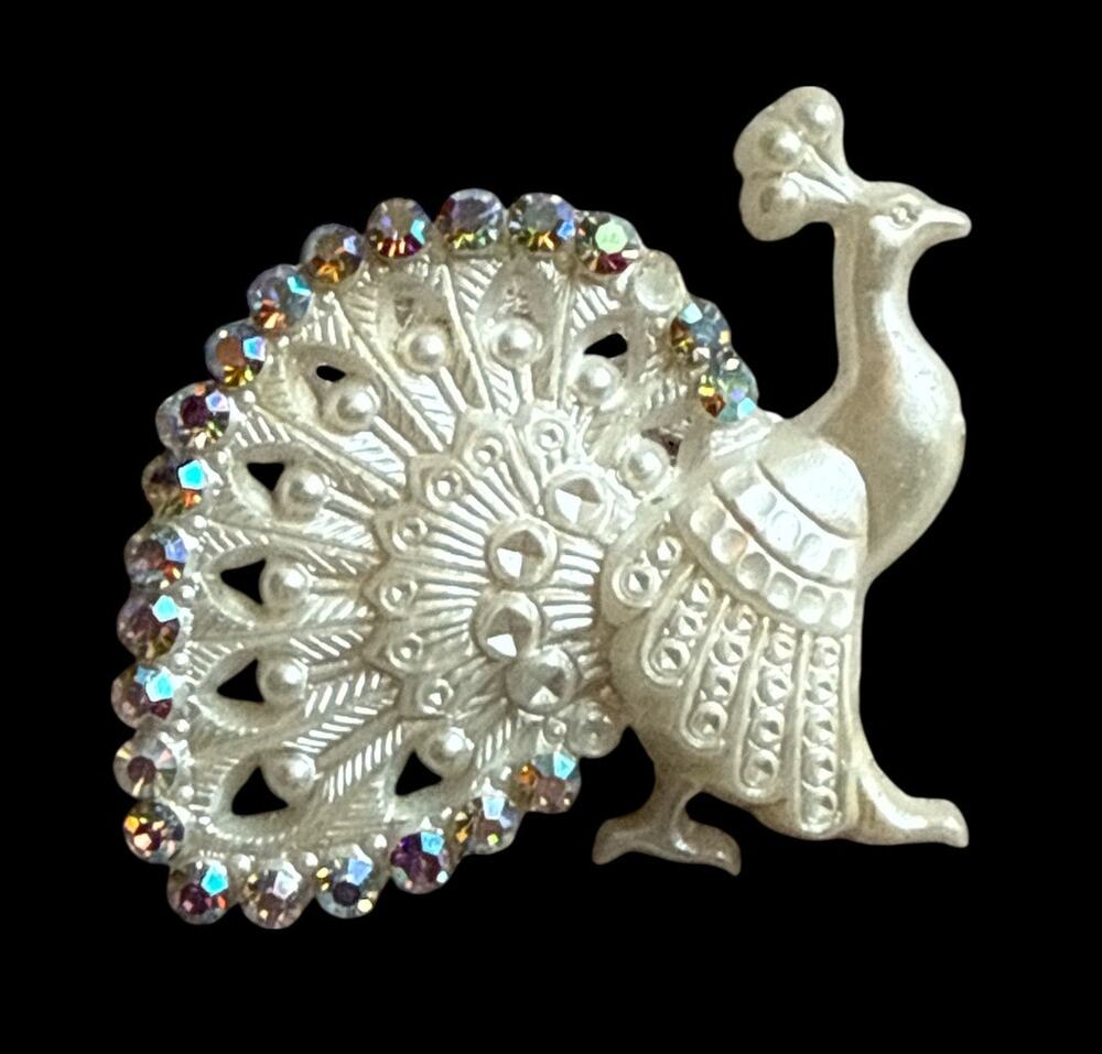 Vntg Peacock Brooch AB Aurora Borealis Rhinestone Faux Pearl Pin Missing 1 Stone